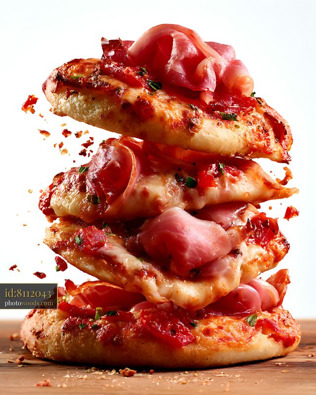 Stack of pizzas topped with tomato and ham