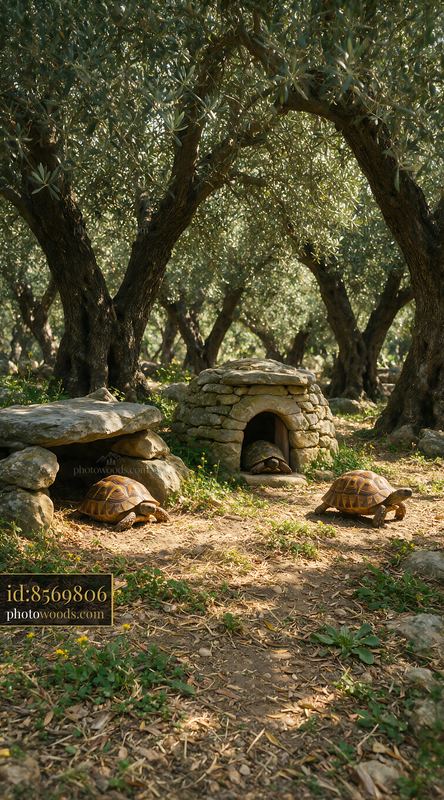 Tortoises in a natural woodland enclosure with stone shelters