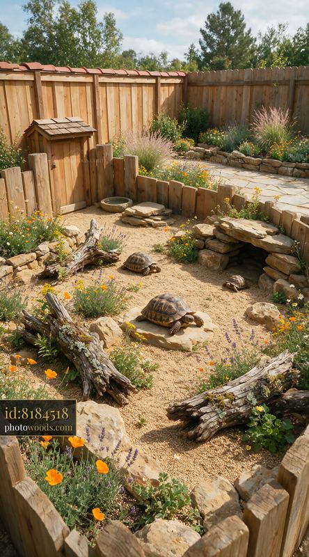 Tortoise enclosure with natural habitat and flowering plants