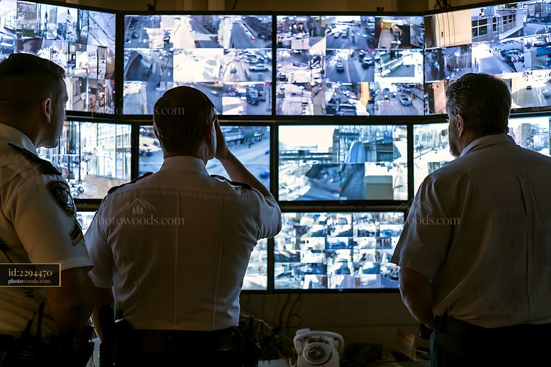 Police officers viewing public surveillance monitors