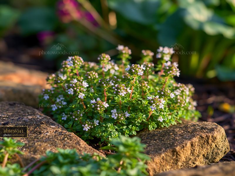 Thyme flowers between stones in a natural garden setting