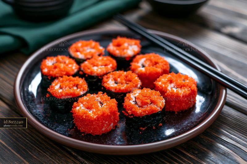 Tobiko roe sushi platter on a wooden table with chopsticks