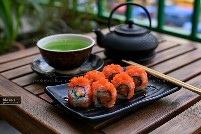 Tobiko roe sushi platter with green tea served in a cozy setting