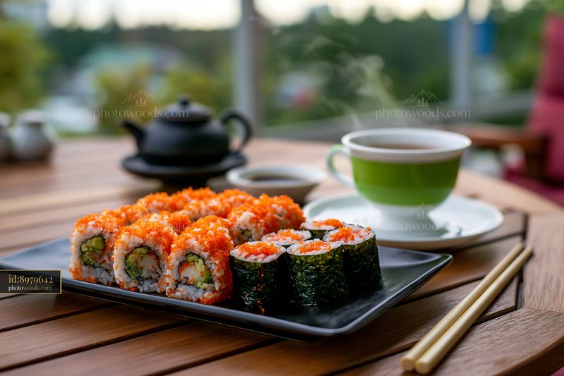 Tobiko roe sushi platter served in a cozy setting