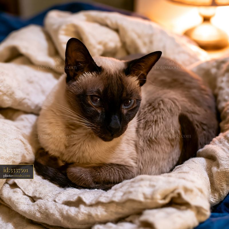 Tonkinese cat resting on a cozy bed