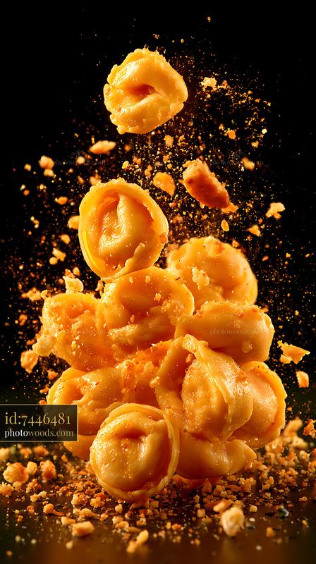 Tortellini Floating in Air With Bread Crumbs on Black Background