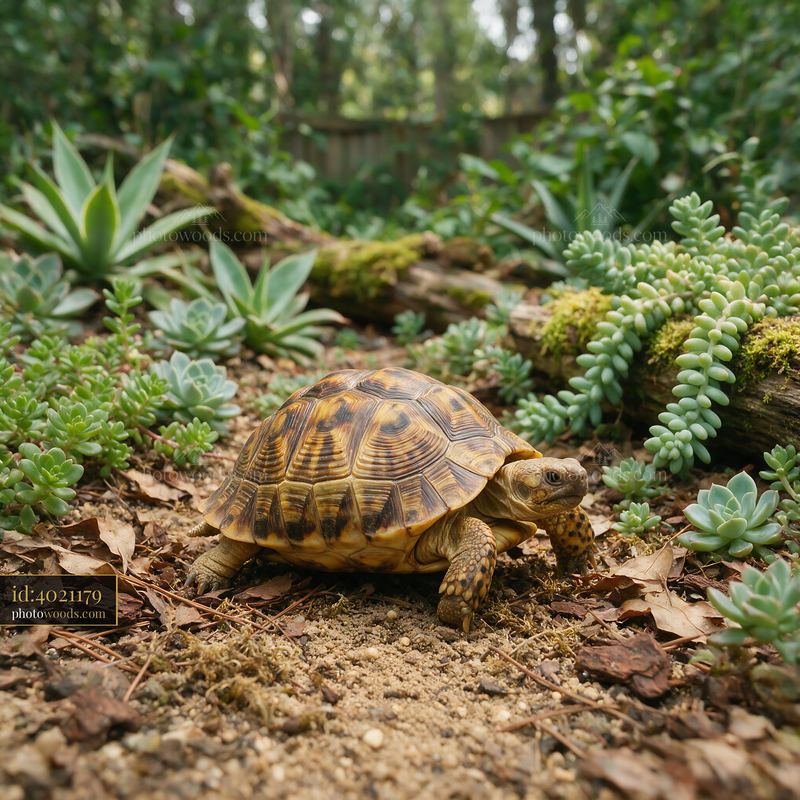 Tortoise in a Naturalistic Enclosure Among Succulent Plants