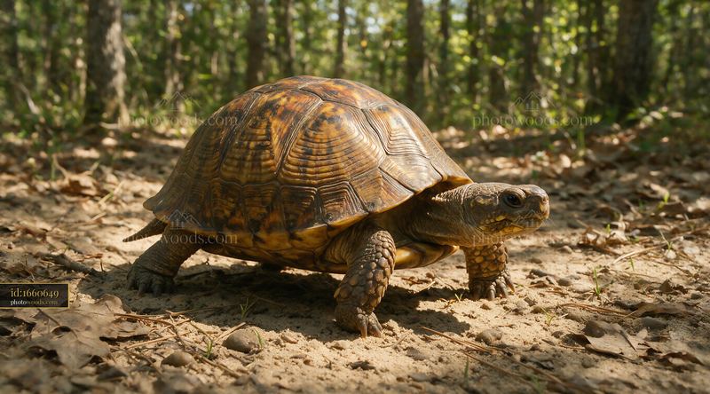 Tortoise with patterned shell walking through sunlit woodland