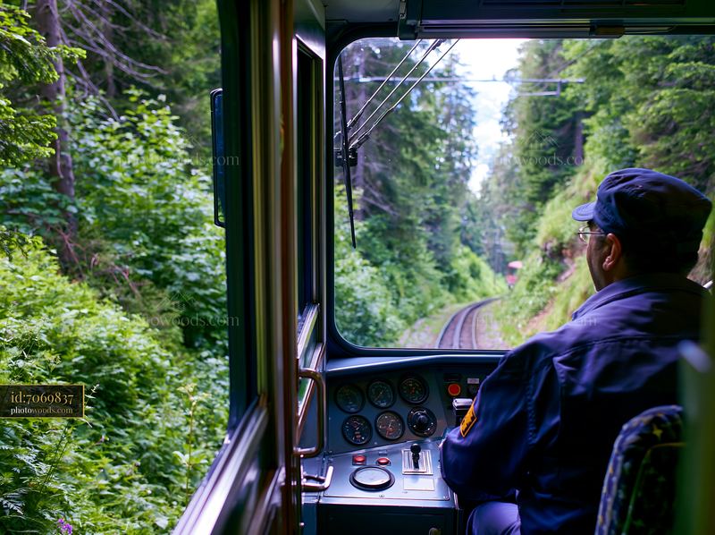 Swiss cog railway driver traveling through a forest
