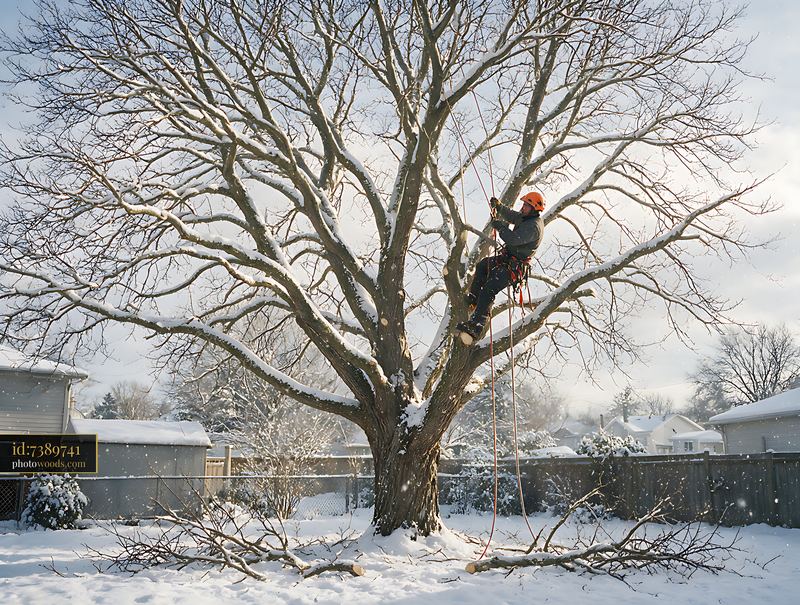 Tree Climber Performing Maintenance on a Winter Tree in a Neighborhood