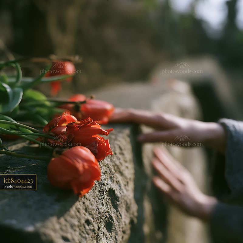 Tulips placed near a gravestone with a hand reaching out