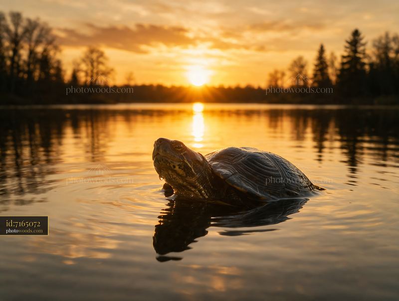 Turtle Peeking Above Calm Water at Sunset