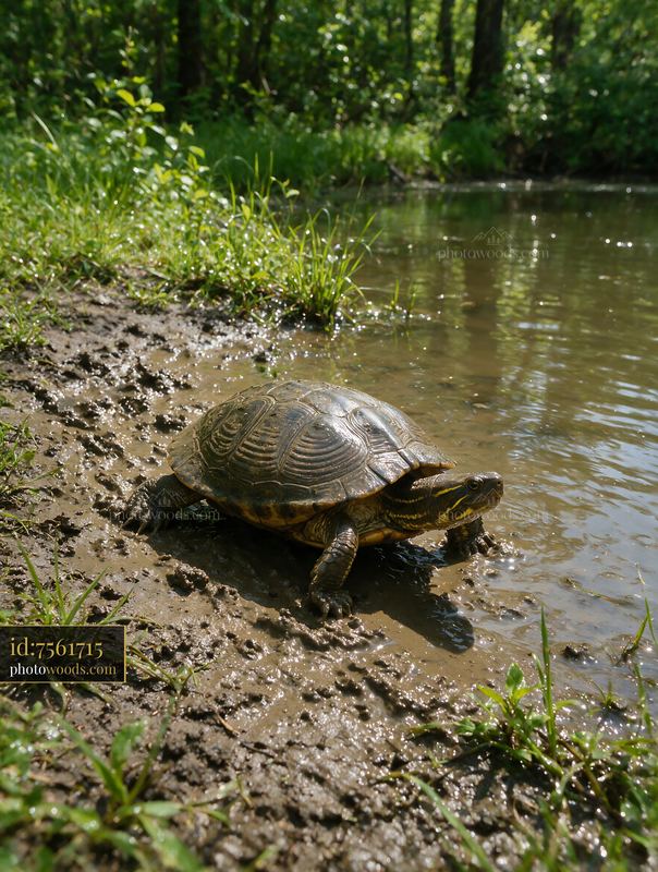 Turtle on the muddy edge of a woodland pond