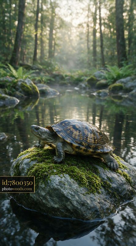 Turtle resting on a moss-covered rock in a woodland pond
