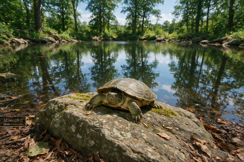 Turtle Resting on a Rock Beside a Woodland Pond