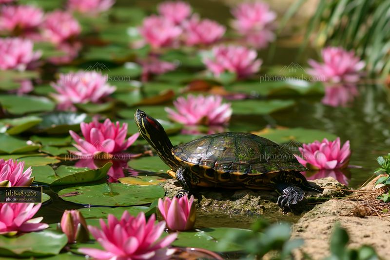 Turtle Resting Beside Pink Water Lilies in a Small Pond