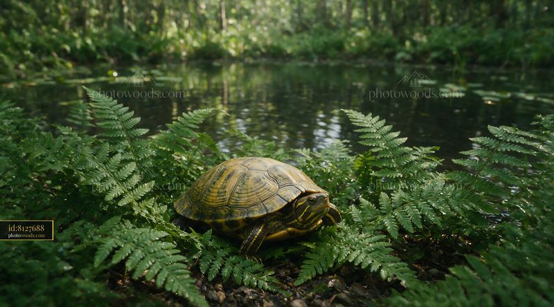 Turtle beside a woodland pond among ferns