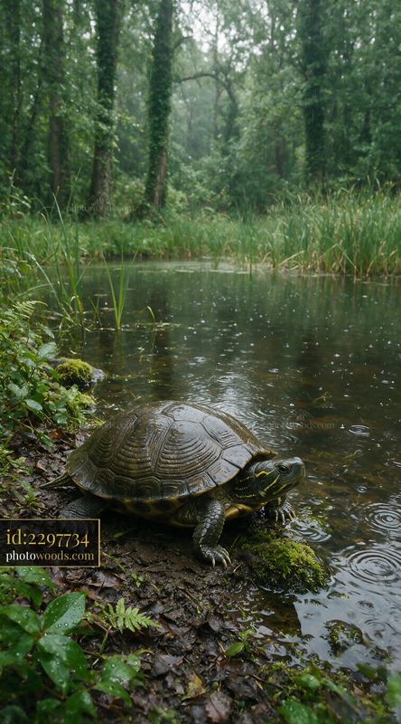 Turtle on the Edge of a Rainy Woodland Pond