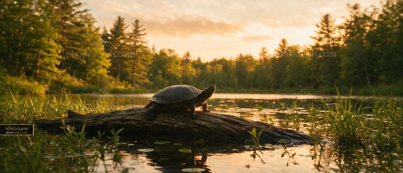 Turtle basking on a log near a woodland pond at sunset