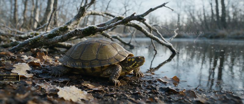 Turtle beside a woodland pond in winter