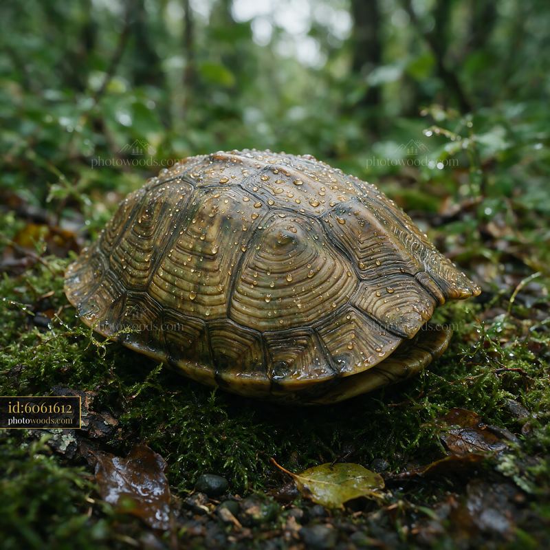 Turtle shell covered with raindrops in a mossy forest