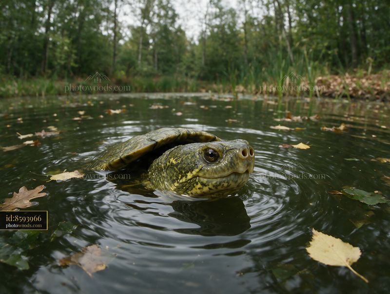 Turtle surfacing in a woodland pond