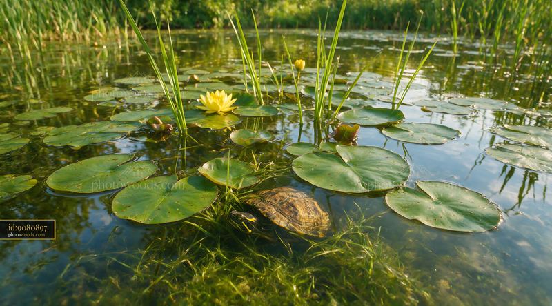 Turtle swimming among aquatic plants in a pond