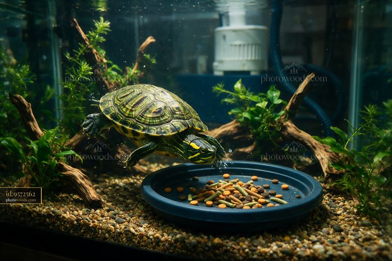 Turtle swimming toward food in a planted aquarium