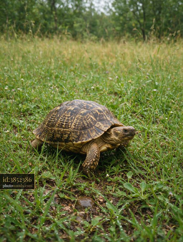 Turtle walking through wet grass in a green meadow with blurred trees behind it.