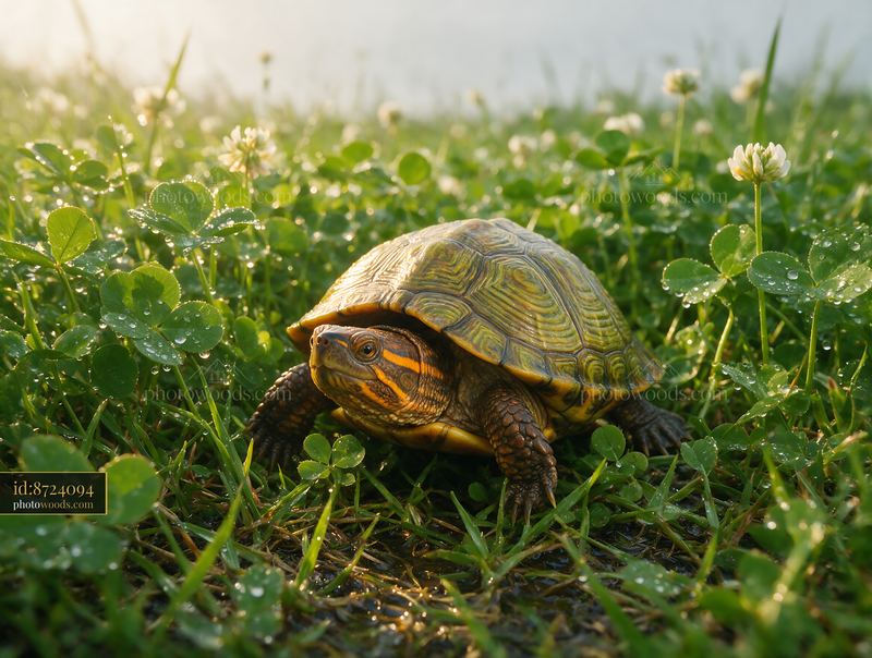 Turtle walking through wet grass with clover and dew