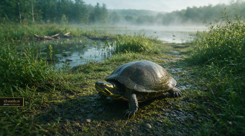 Turtle walking through wet grass beside a misty pond