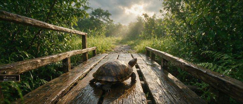 Turtle with raindrops crossing a wet wooden bridge