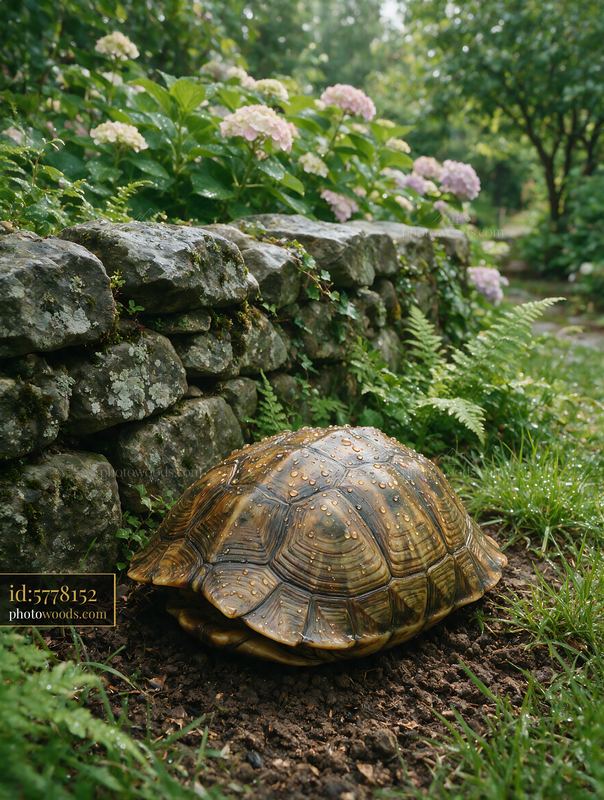 Turtle shell covered with raindrops in a garden