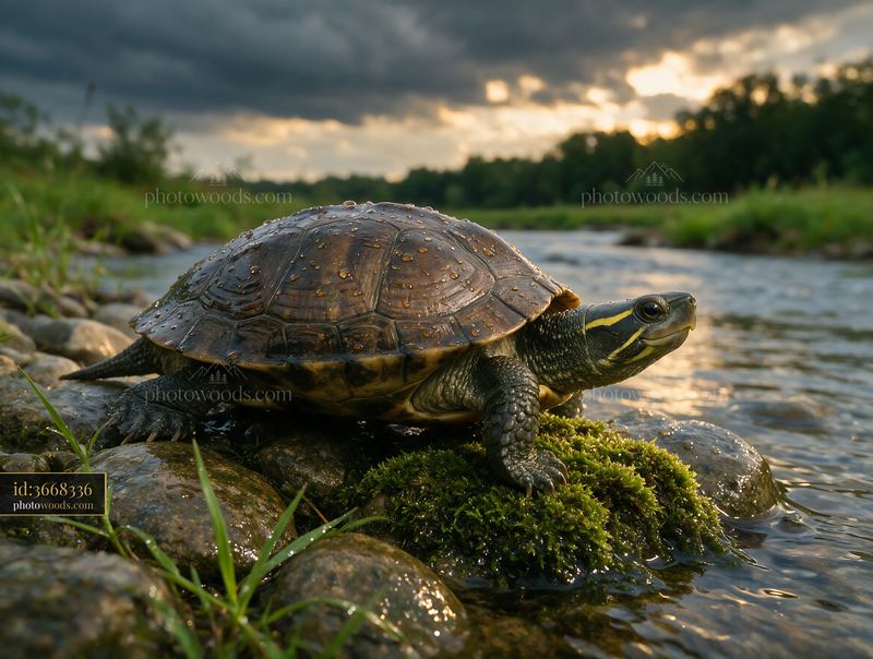 Turtle with Raindrops on Its Shell by a River
