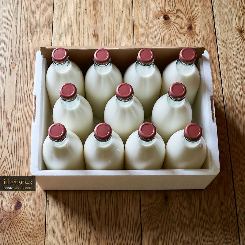 Milk bottles in an insulated delivery box on wooden floor