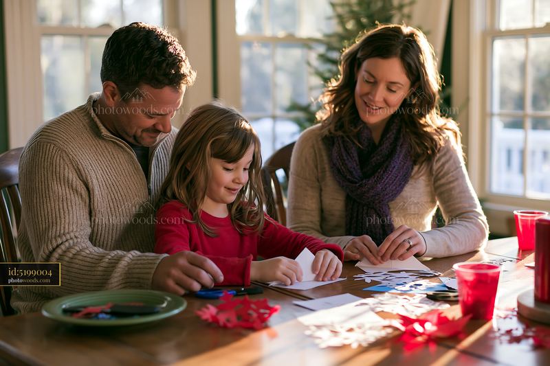Family making paper snowflakes together at home