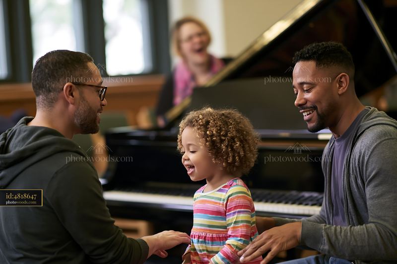 Family singing together beside a grand piano