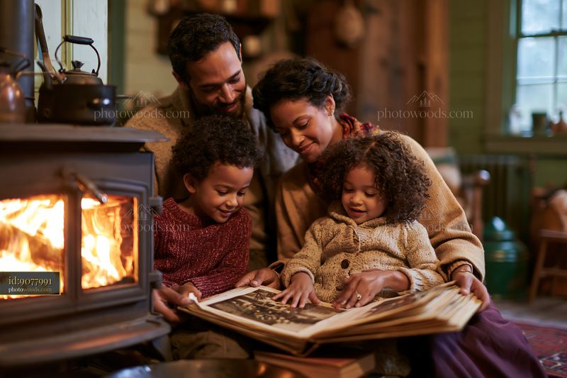 Family reading together beside a warm fireplace