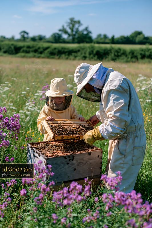Beekeepers inspecting a hive in a sunny wildflower meadow