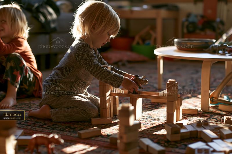 Blonde children building blocks on playroom floor