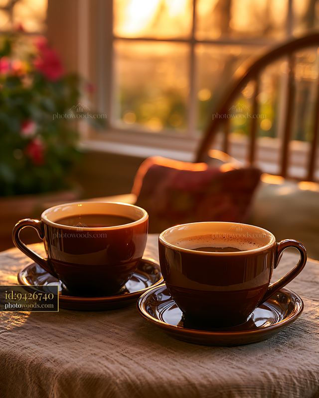 Warm cups of coffee on a table with sunlight streaming in