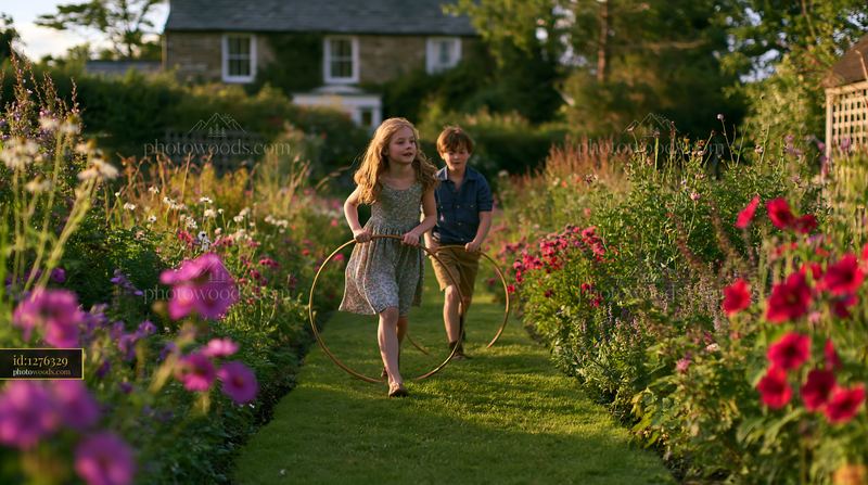 Children run and play with hula hoops in a farmhouse garden