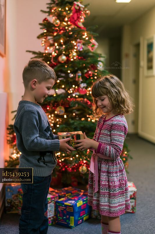 Siblings exchanging a Christmas gift beside a decorated tree