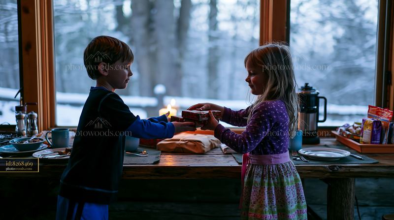 Siblings exchanging wrapped Christmas gifts at a festive table