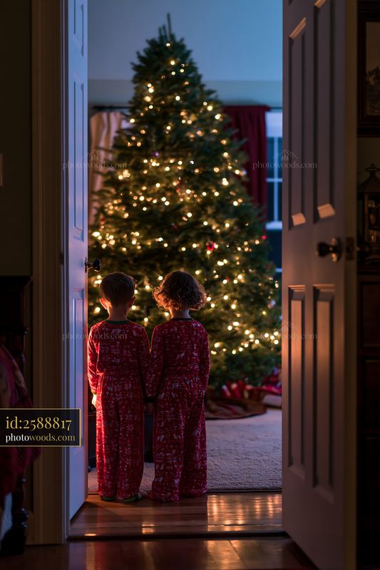 Children wearing matching pajamas by a Christmas tree