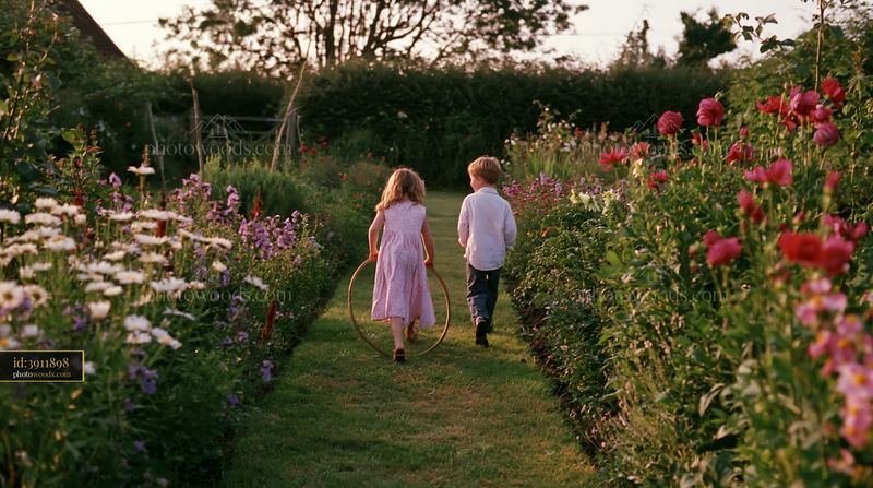 Children run through a garden filled with flowers in a farmhouse