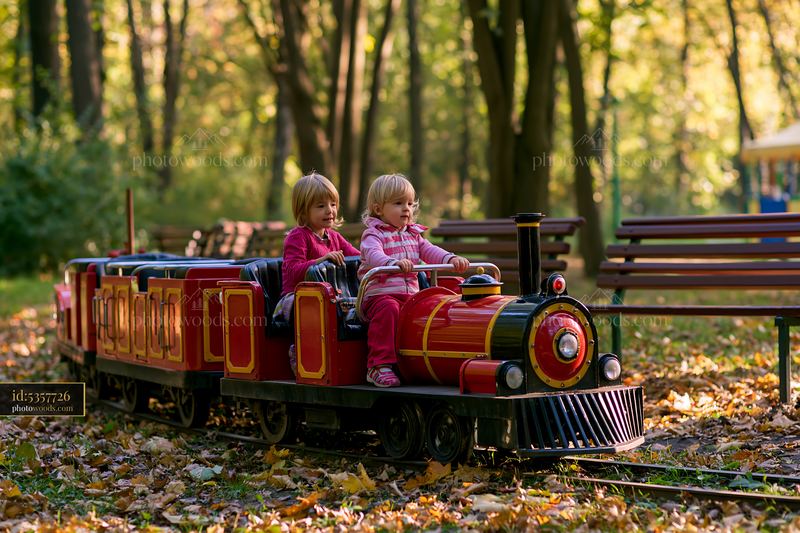 Two children riding a miniature train at a wooded fair