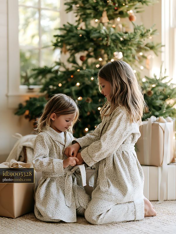 Children wearing matching pajamas opening gifts in a cozy home