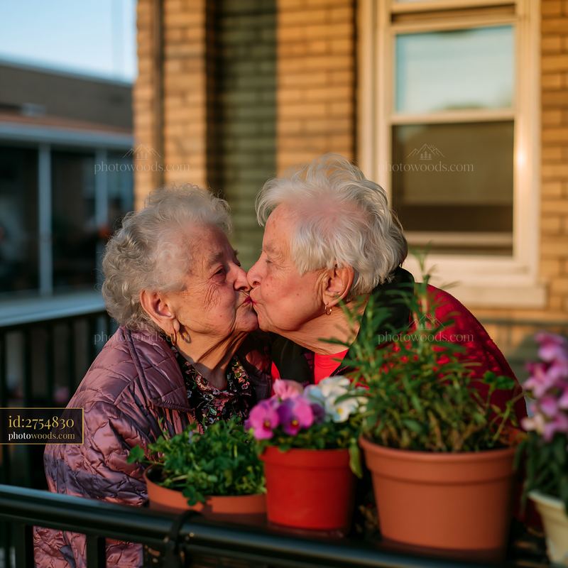 Kiss between elderly partners on porch during sunset
