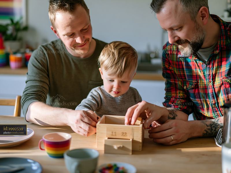 Family opening a wooden advent calendar at the kitchen table
